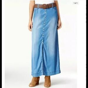 INC Maxi Skirt Women's M Blue Pull-On Smocked Waist Button Front Slit Blue